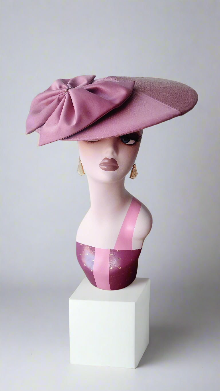 1950's vintage inspired New Look Couture Saucer Hat by Hollyville in a dusty rose pink satin and layer of tulle.