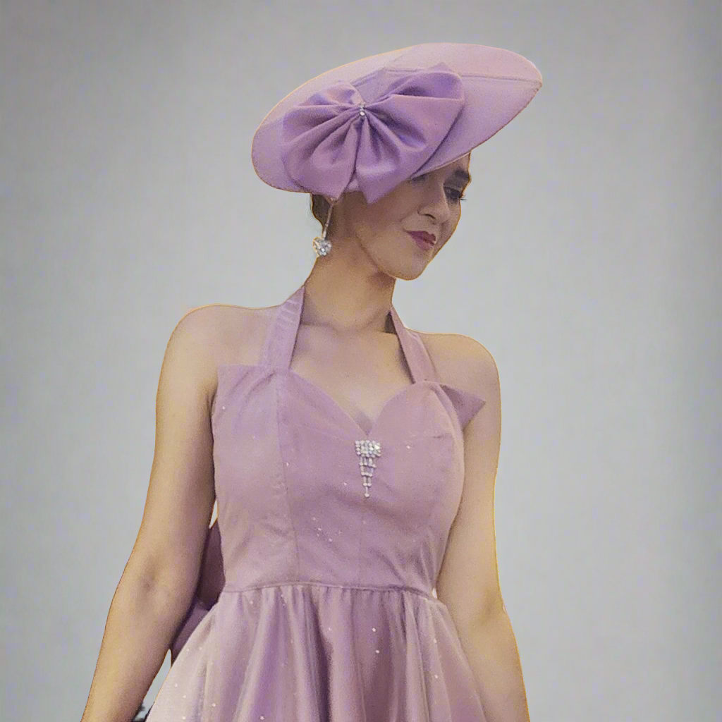 1950's vintage inspired New Look Couture Saucer Hat by Hollyville in a dusty rose pink satin and layer of tulle.