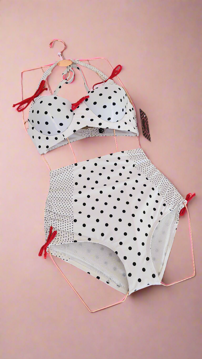 Retro White with Black Polkadot Two Piece Swimsuit by Unique Vintage