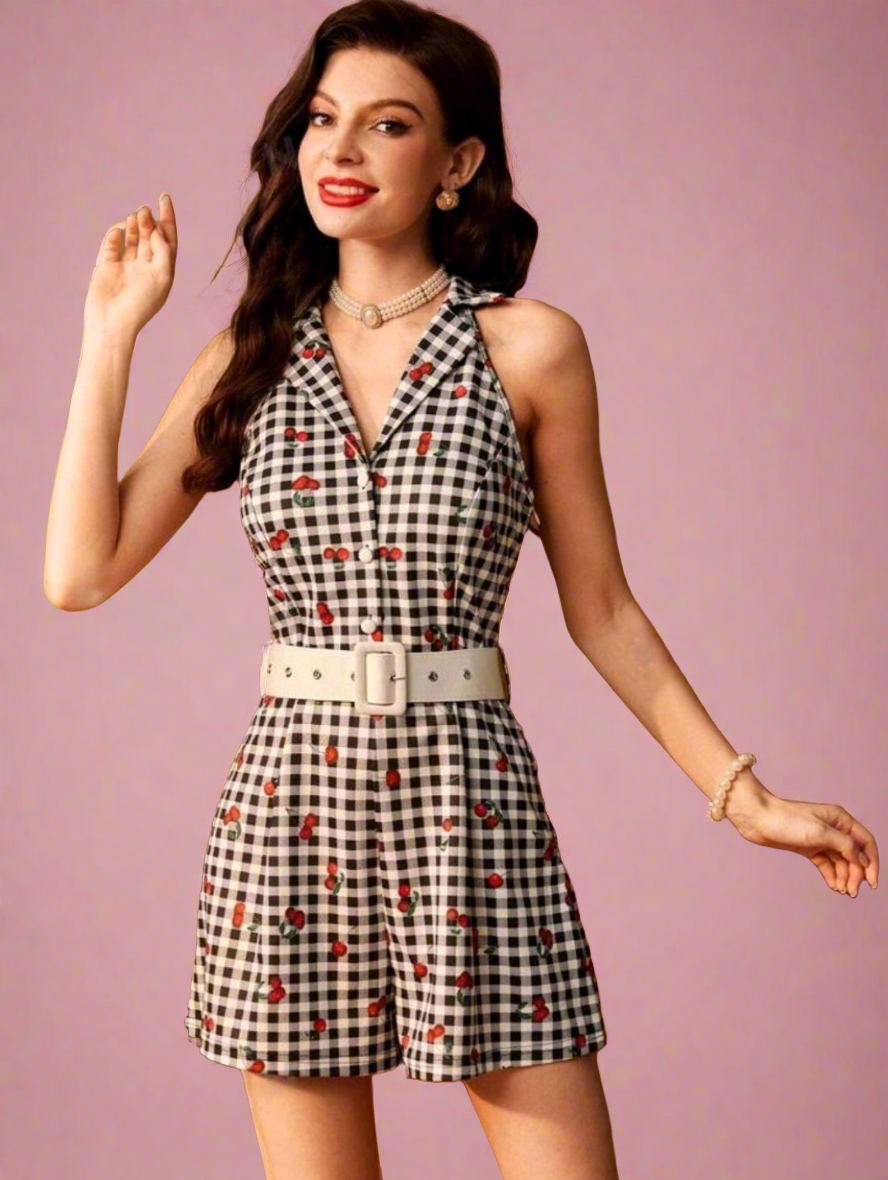 Gingham Cherry Print Romper