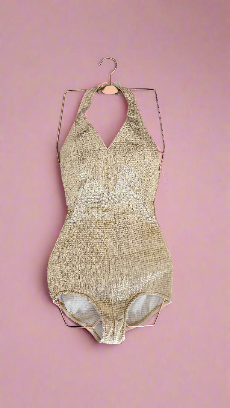 1950s Rare Haute Couture Vintage Lamé Gold Swimsuit