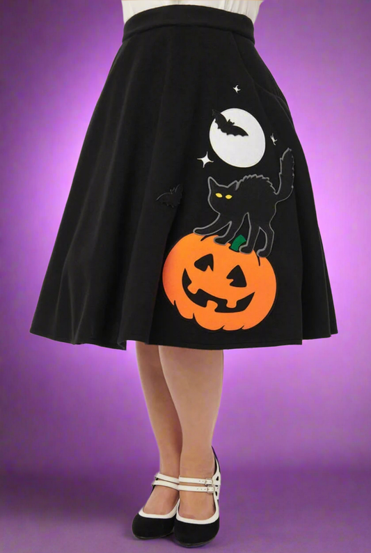 Halloween Black Cat Spooky Pumpkin Knit Print Skirt