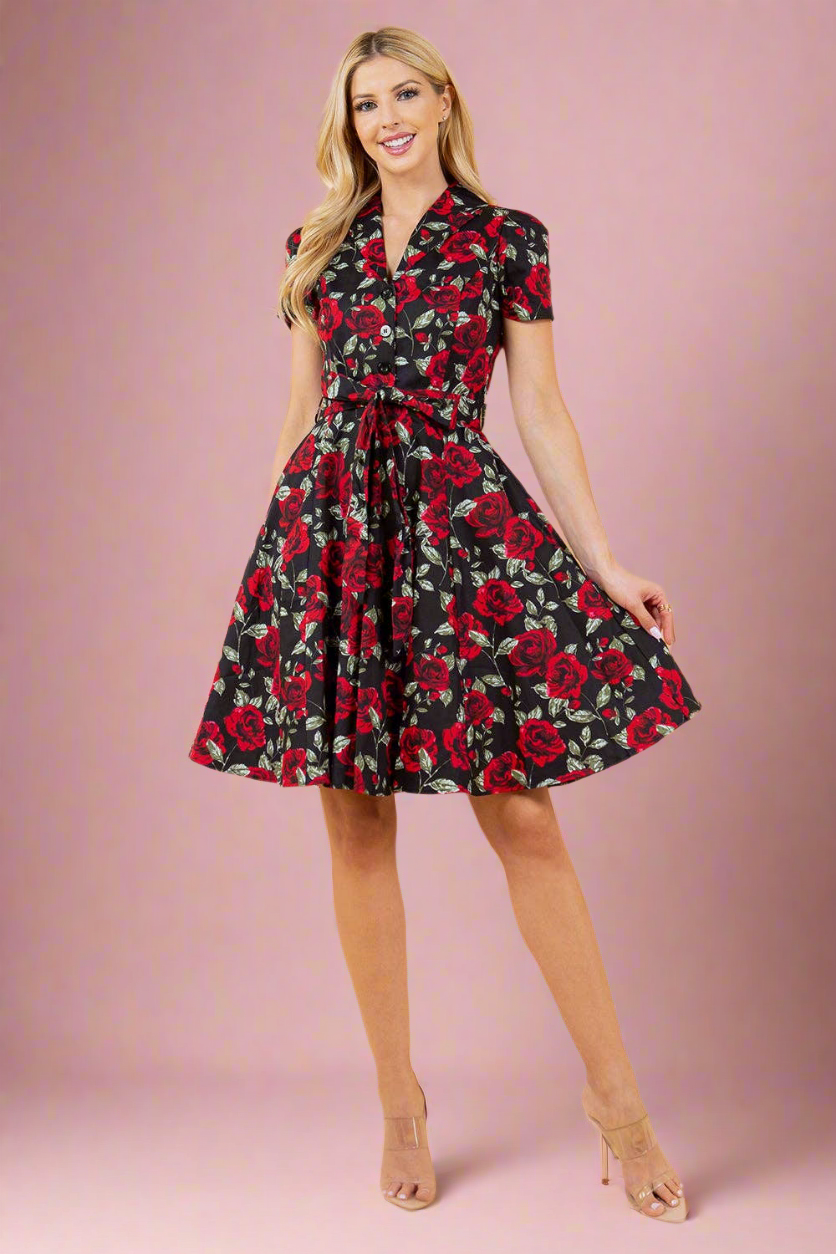 Rose print pinup retro rockabilly dress with pockets by LA Soul