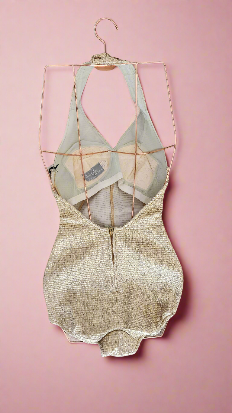 Rare Haute Couture Collection True Vintage 1950's Deadstock Gold Lamé Swimsuit Small