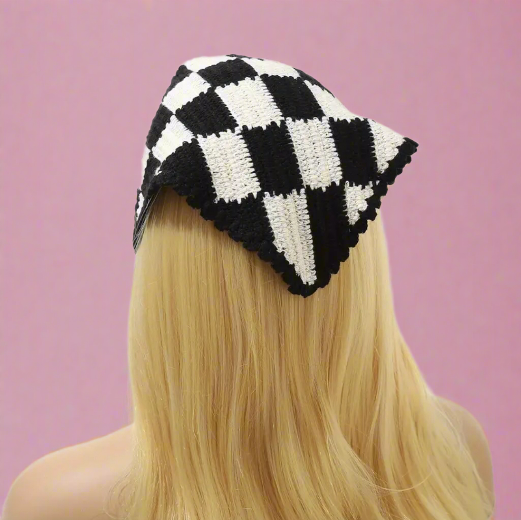 Crocheted Checkered Black and White Hair Scarf