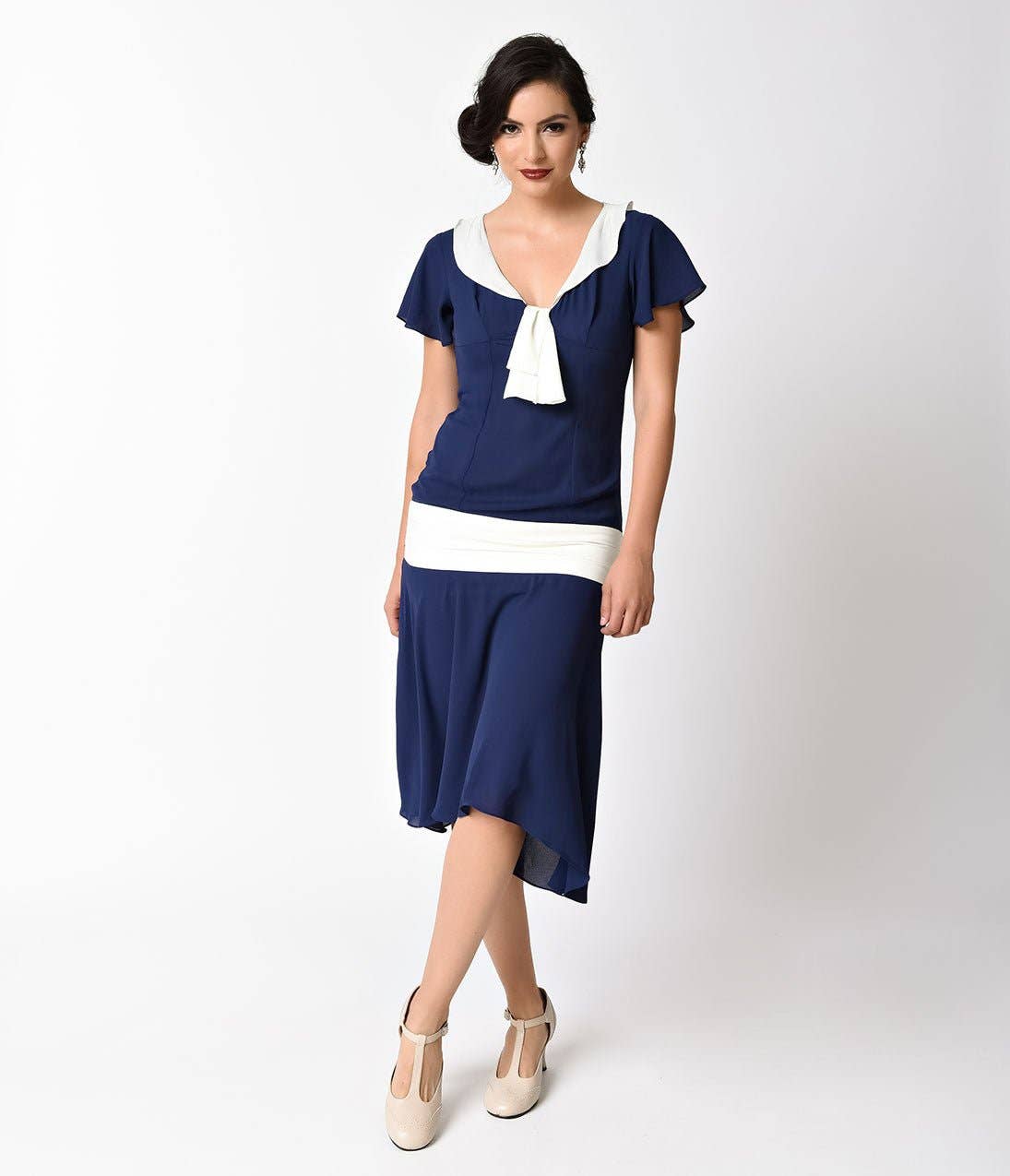 Unique Vintage - Unique Vintage 1920s Navy Blue & Ivory Wilshire Flapper Day Dress: M/8-10