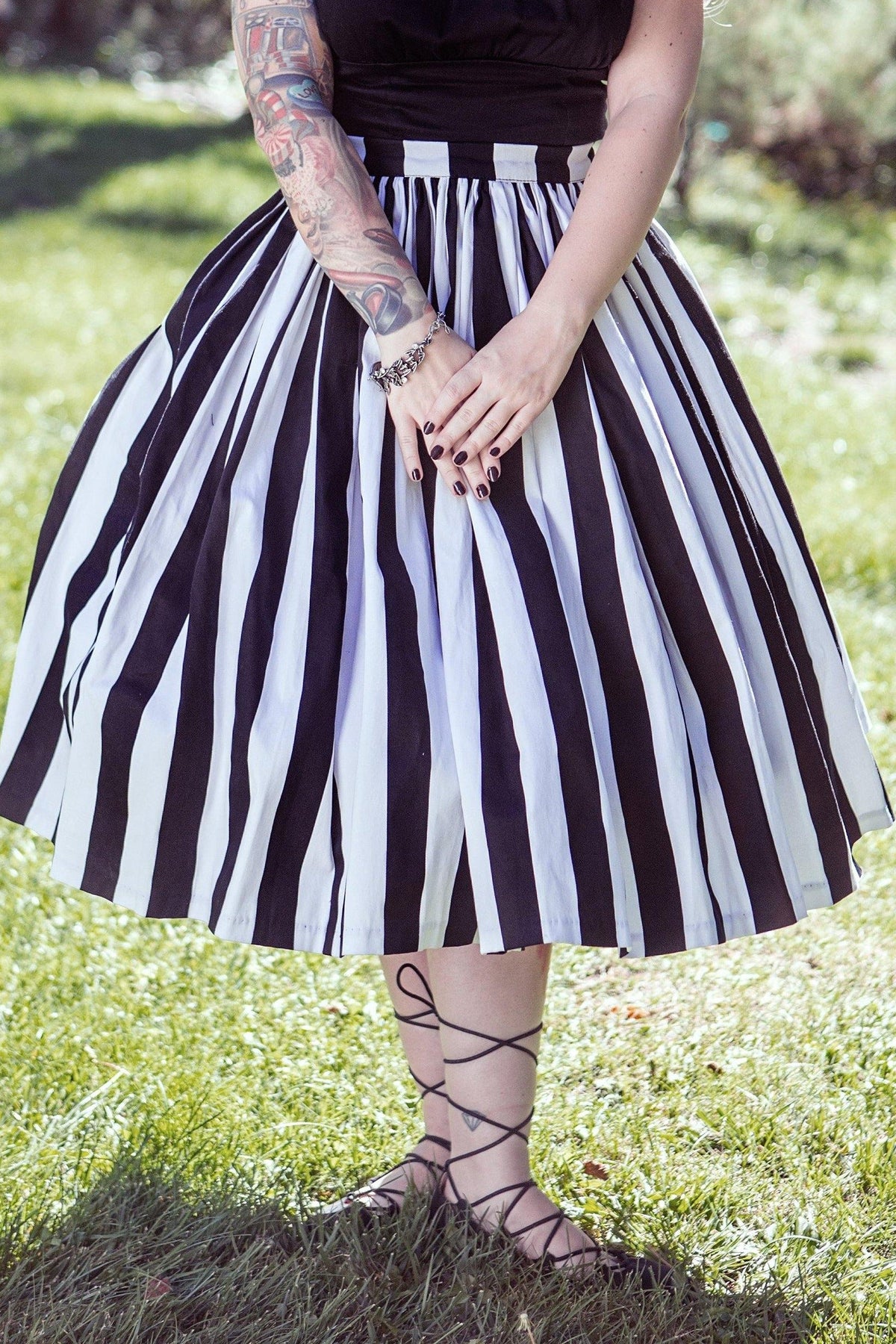 Bella Vintage Gathered Swing Skirt in Black and White Mark Stripe Cotton Sateen
