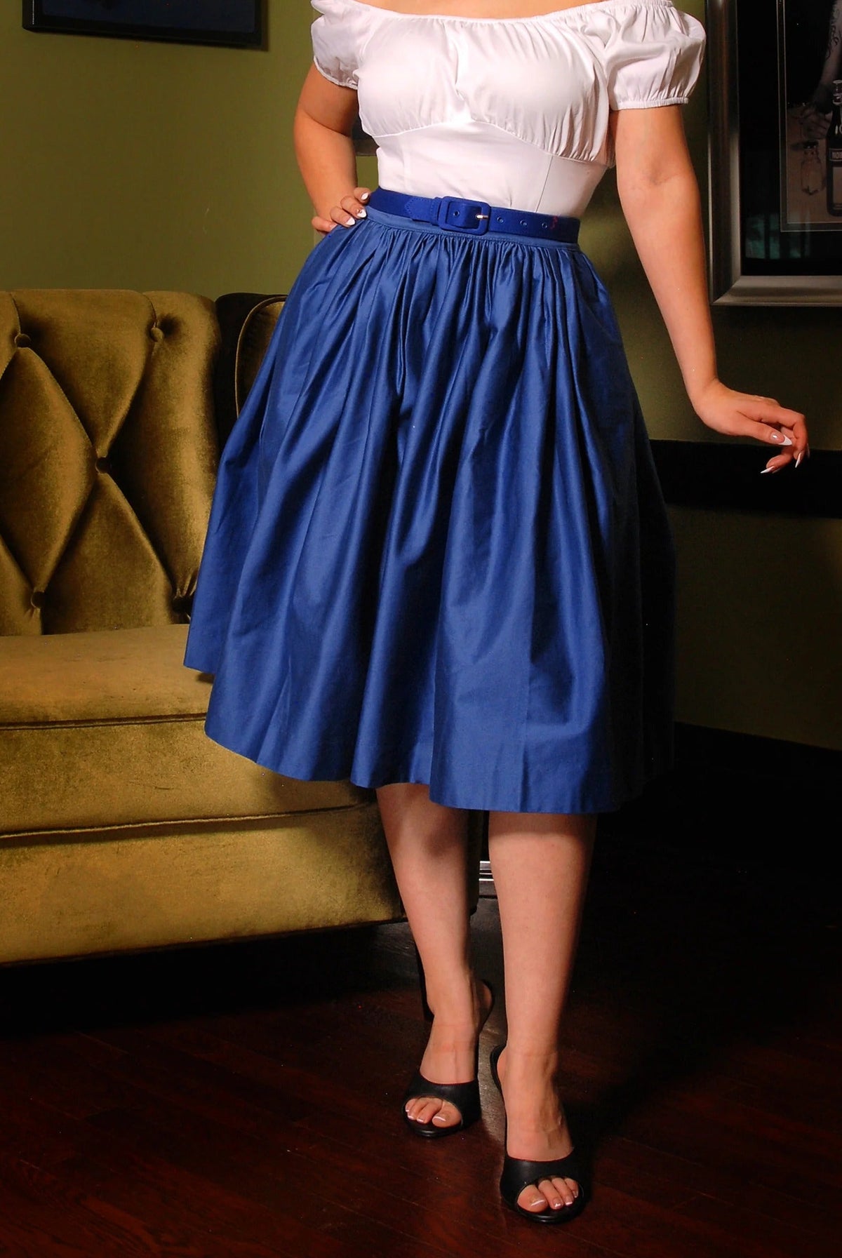 Bella Vintage Gathered Swing Skirt with Pockets in Solid Royal Blue Sateen