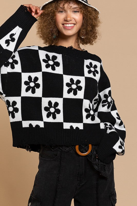 Checkered Flower Sweater
