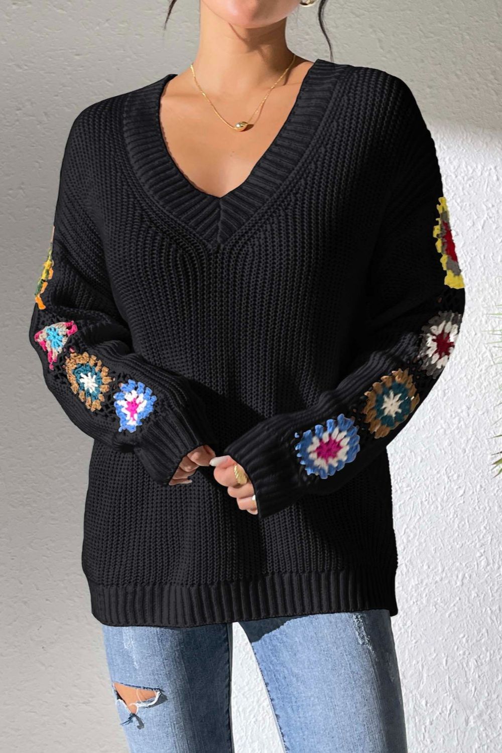 Crochet Flower V-Neck Sweater in Black