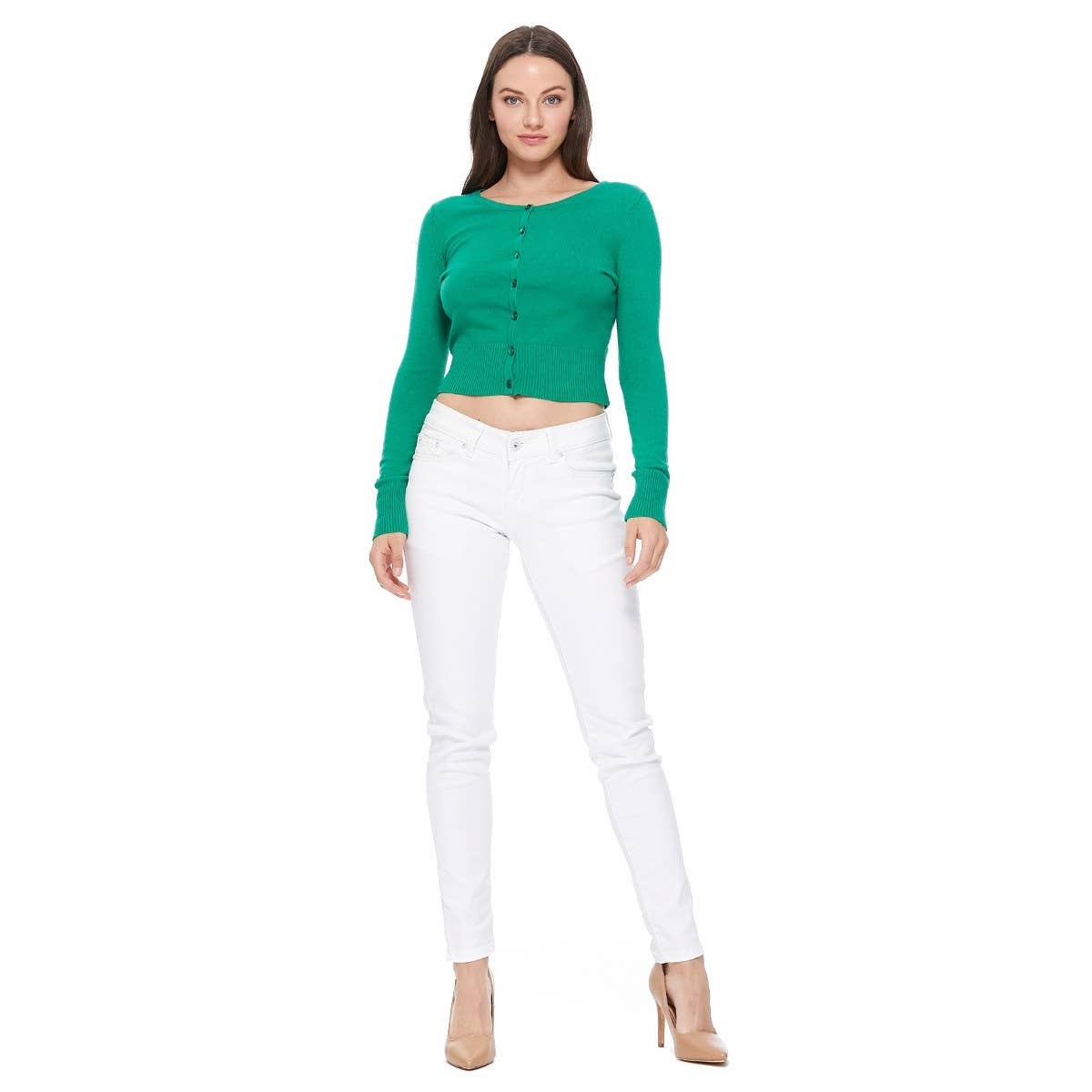 Mak - Long Sleeve Crewneck Cropped Cardigan Sweater MK5502: NAVY / L