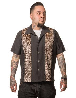 Leopard Panel Bowling Shirt in Black by Steady Clothing