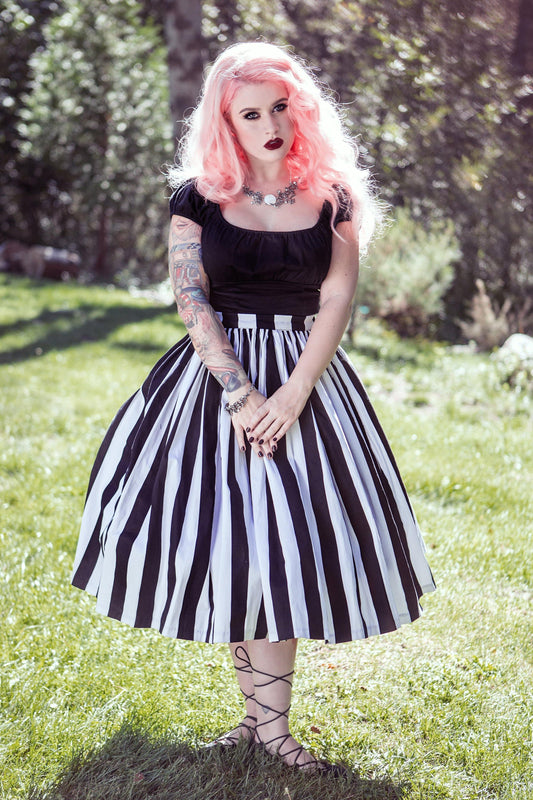 Bella Vintage Gathered Swing Skirt in Black and White Mark Stripe Cotton Sateen | Pinup Couture