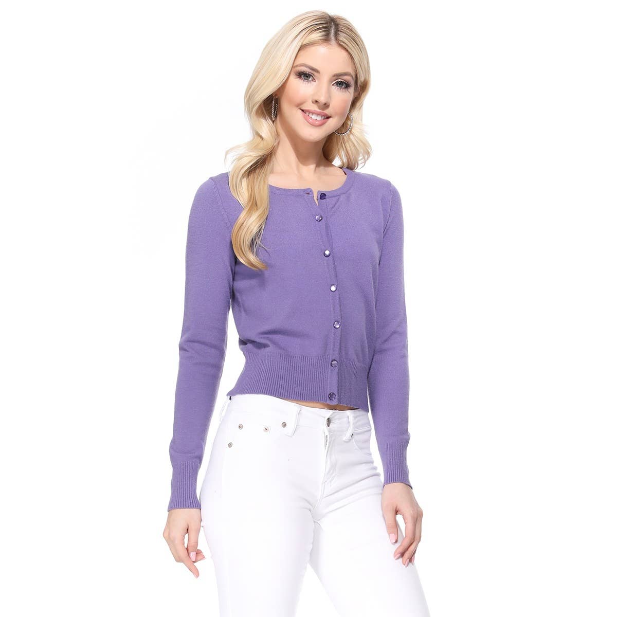 Mak - Long Sleeve Crewneck Cropped Cardigan Sweater MK5502: LILAC / L