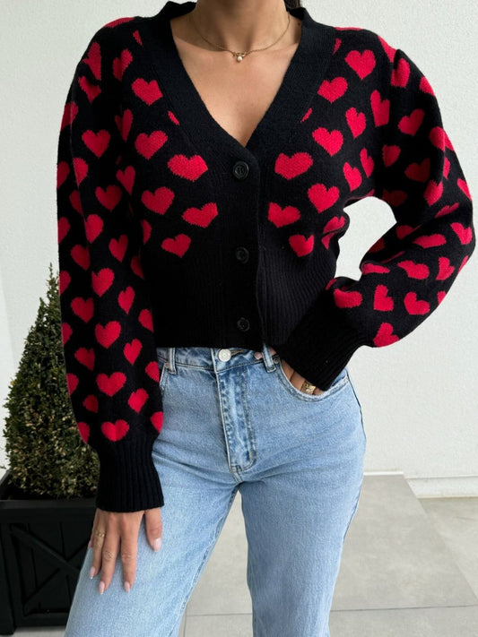 Women's Valentine Day Heart V-Neck Cropped Cardigan