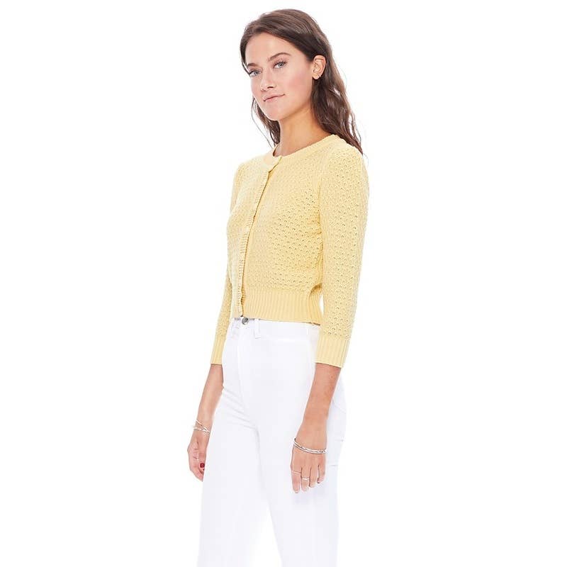 Mak - 3/4 Sleeve Crewneck Knit Cropped Cardigan Sweater MK3514: OATMEAL / XL