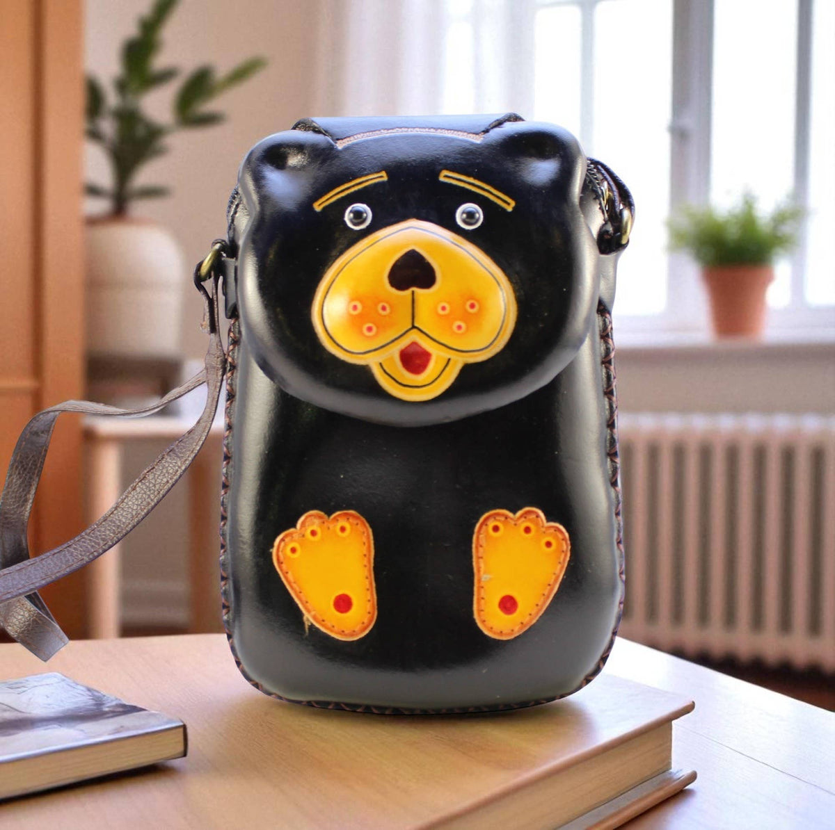 Sunflower Handmade leather inc - Leather Black Bear Rectangle Purse handbag purse Crossbody