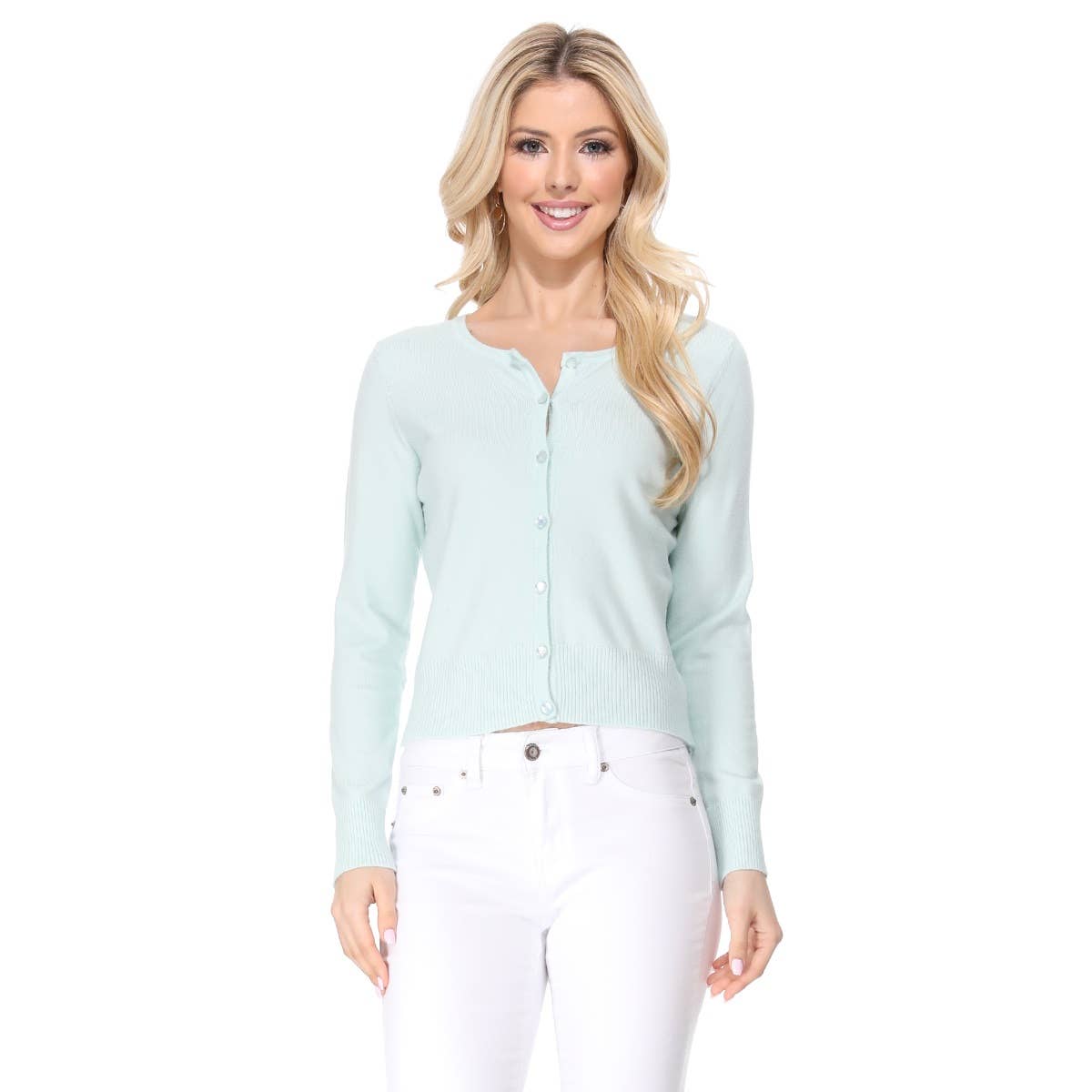 Mak - Long Sleeve Crewneck Cropped Cardigan Sweater MK5502: NAVY / XL