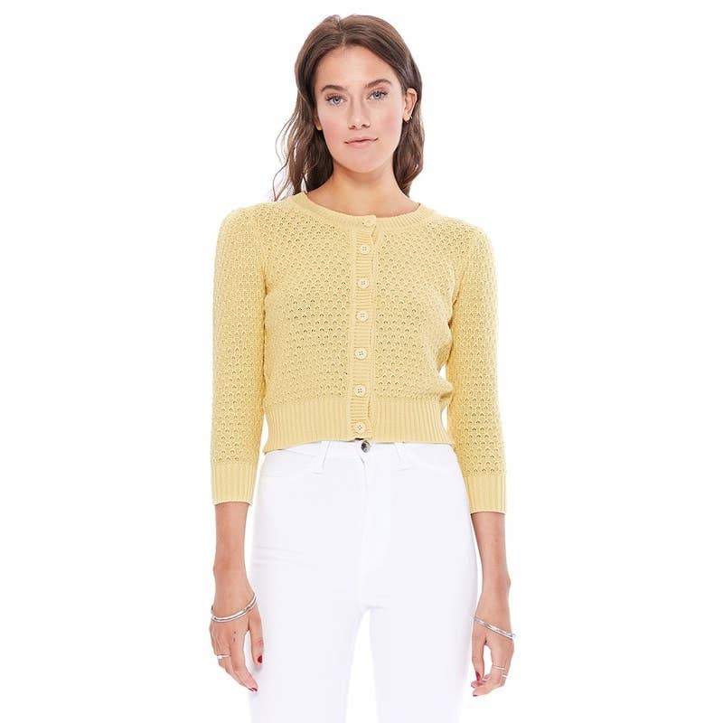 Mak - 3/4 Sleeve Crewneck Knit Cropped Cardigan Sweater MK3514: OATMEAL / M