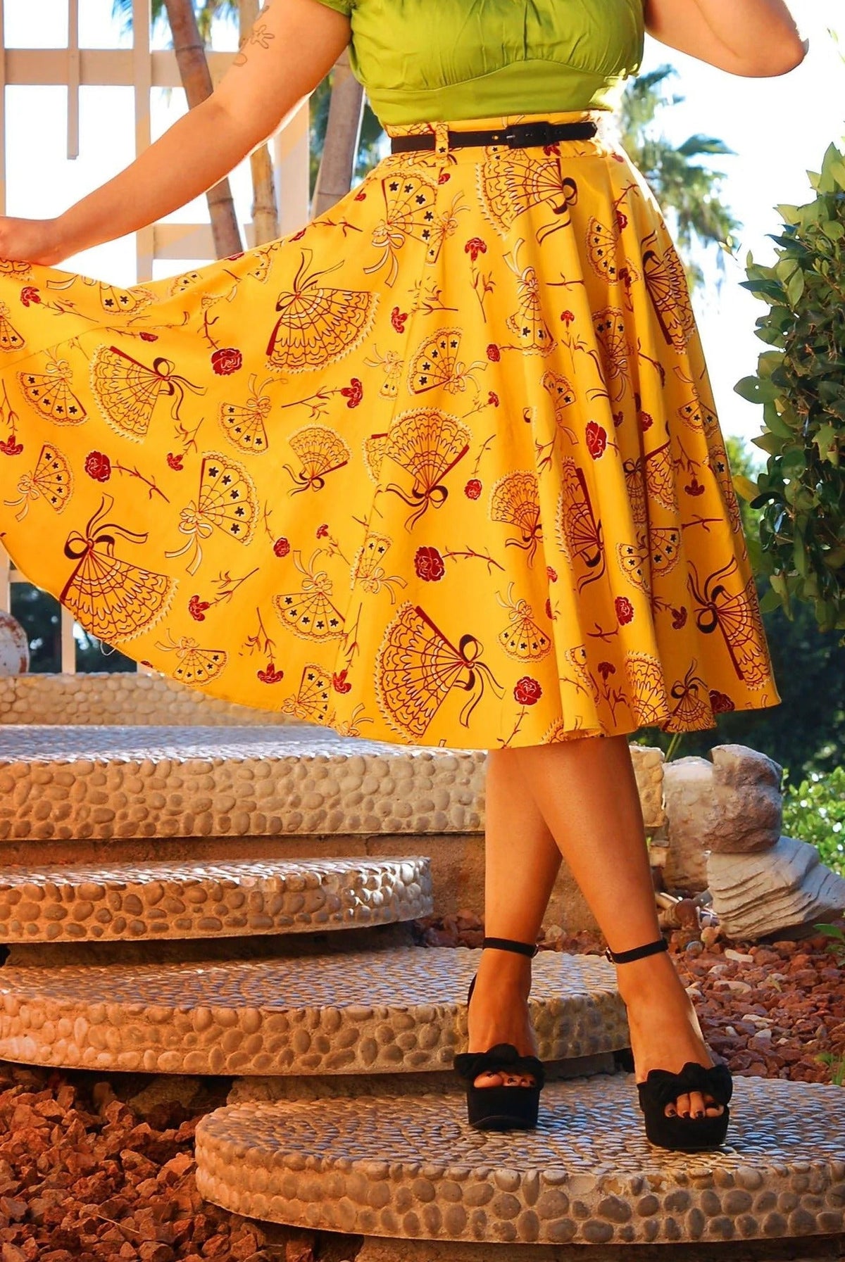 Doris Vintage Swing Skirt in Mustard Spanish Fans