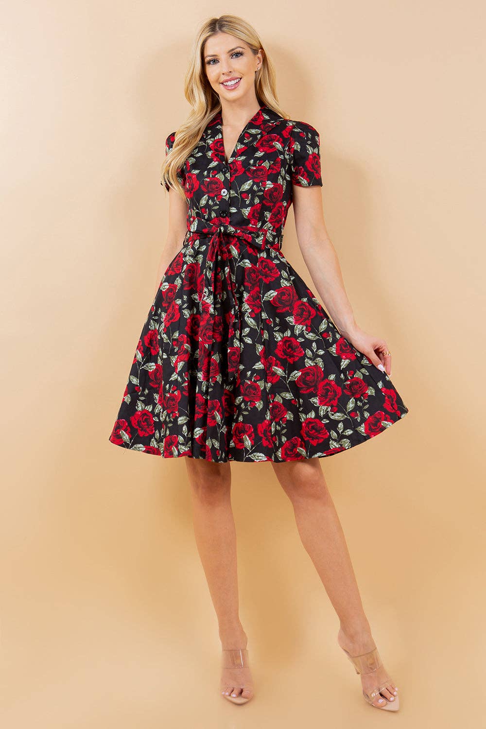 Retro Rose Print Fit & Flare Dress by LA Soul