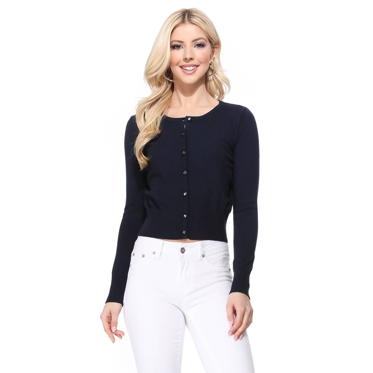 Mak - Long Sleeve Crewneck Cropped Cardigan Sweater MK5502: NAVY / XL