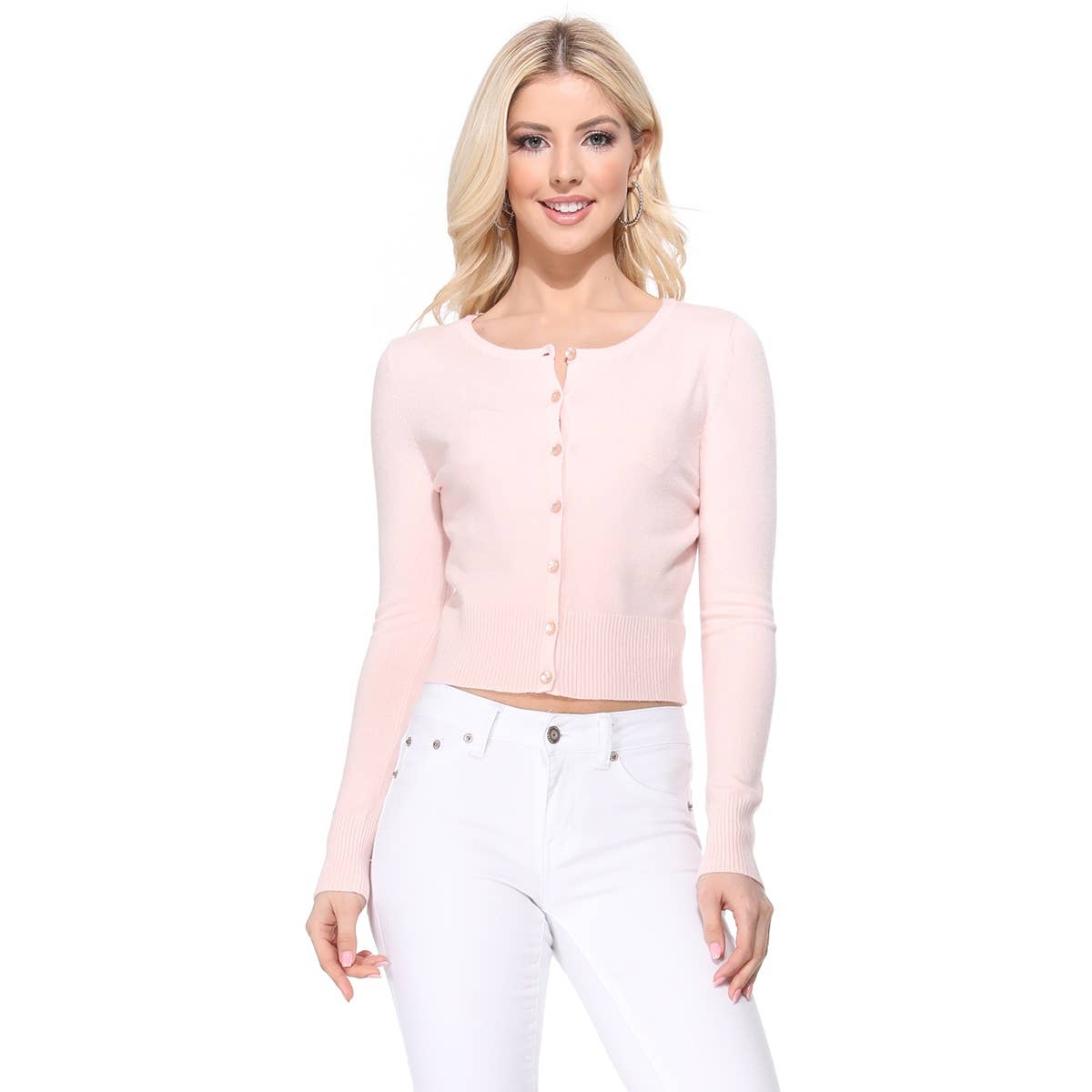 Mak - Long Sleeve Crewneck Cropped Cardigan Sweater MK5502: RED / L