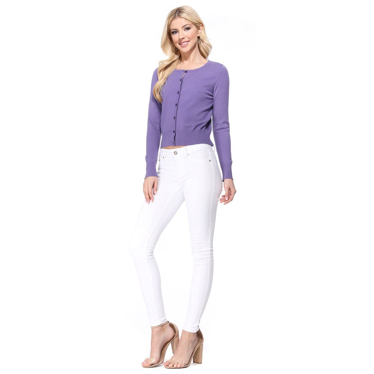 Mak - Long Sleeve Crewneck Cropped Cardigan Sweater MK5502: LILAC / L