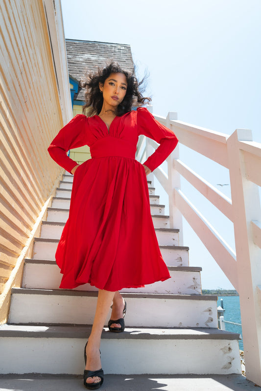 Luna 40s Swing Dress in Red Crepe | Laura Byrnes Design