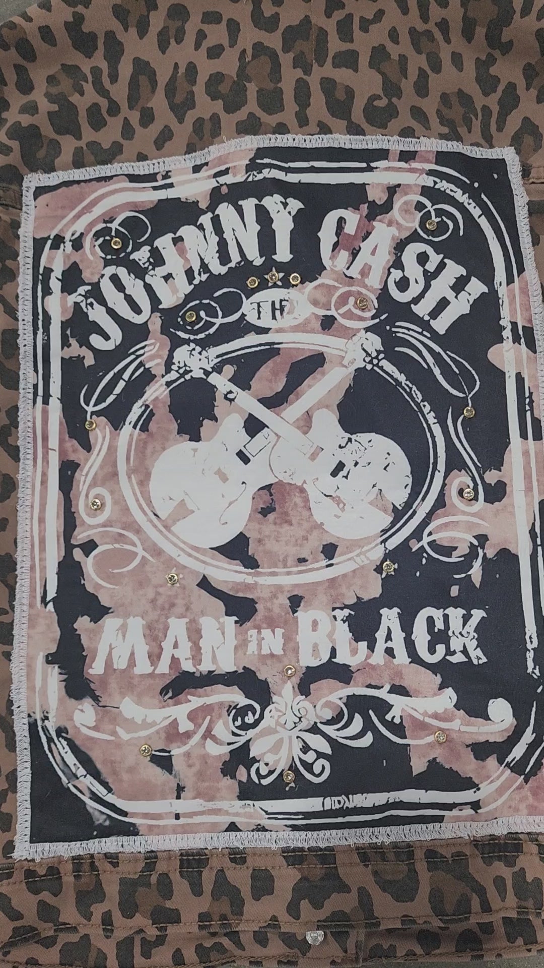 Upcycled Leopard Johnny Cash Rhinestone Denim Jean Jacket by Hollyville