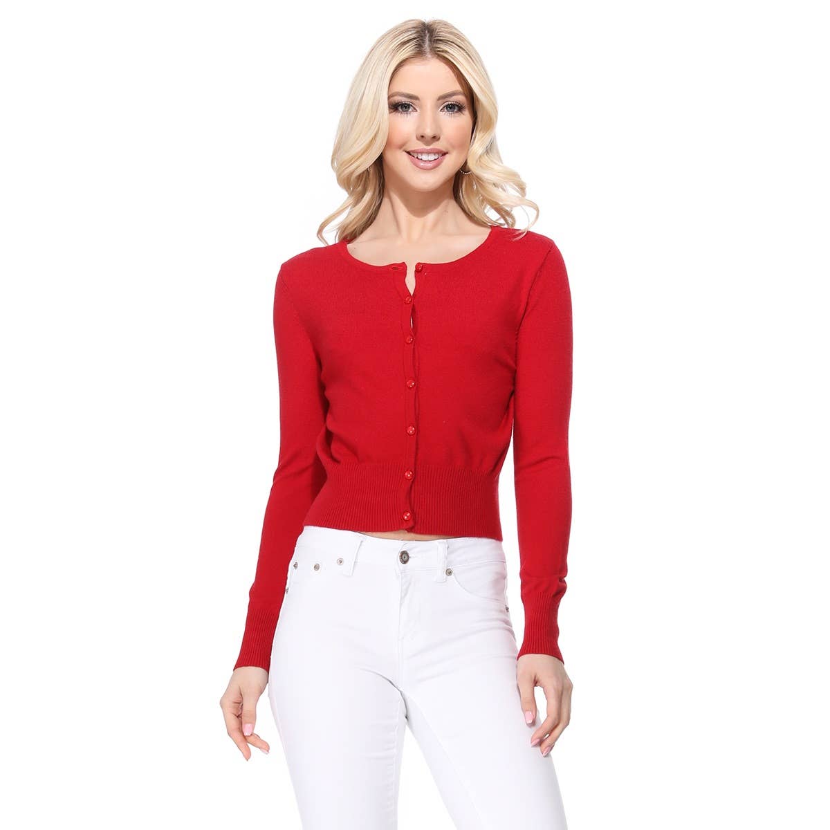 Mak - Long Sleeve Crewneck Cropped Cardigan Sweater