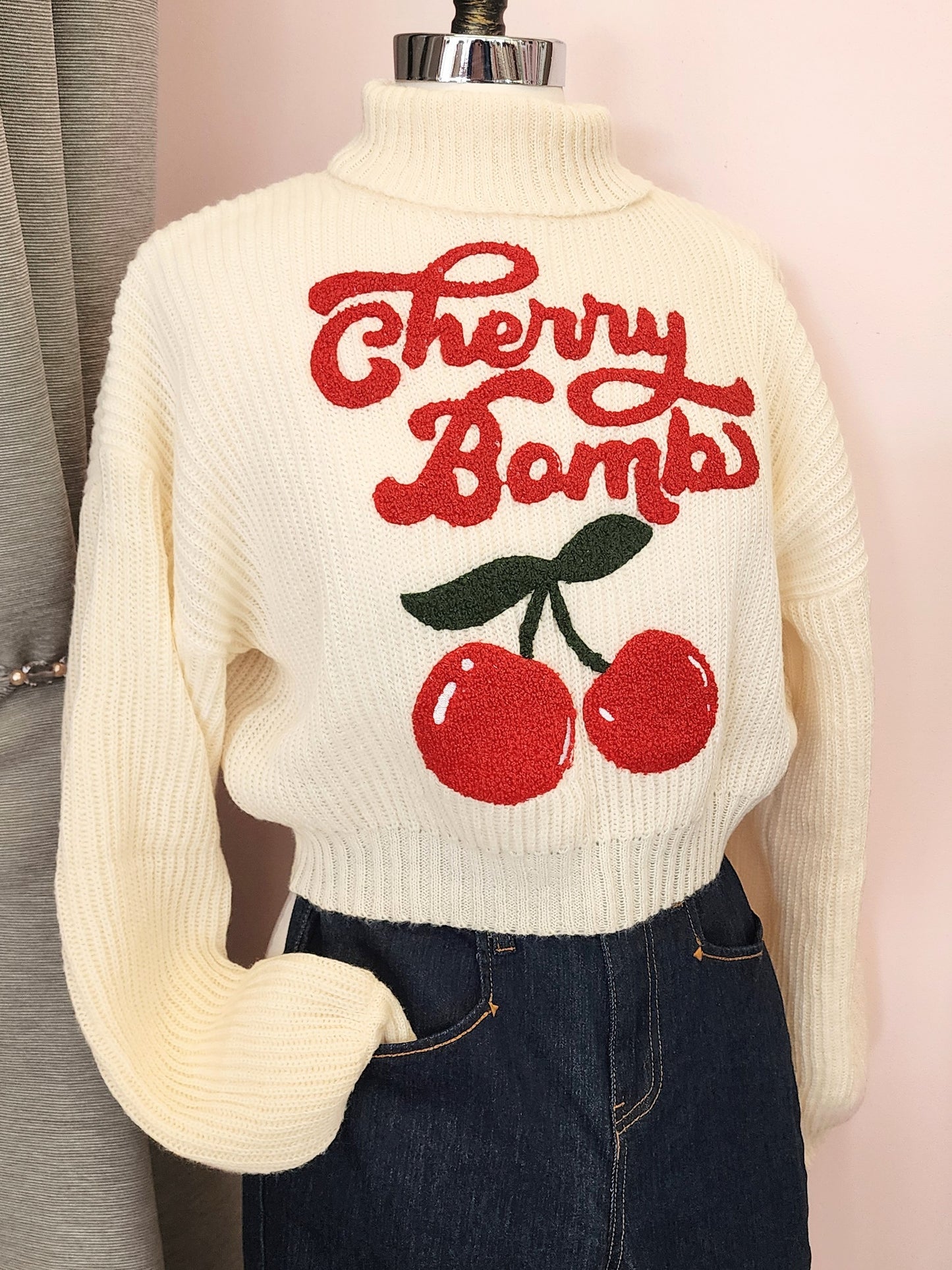 Cherry Chenille Embroidered Turtleneck Cropped Sweater