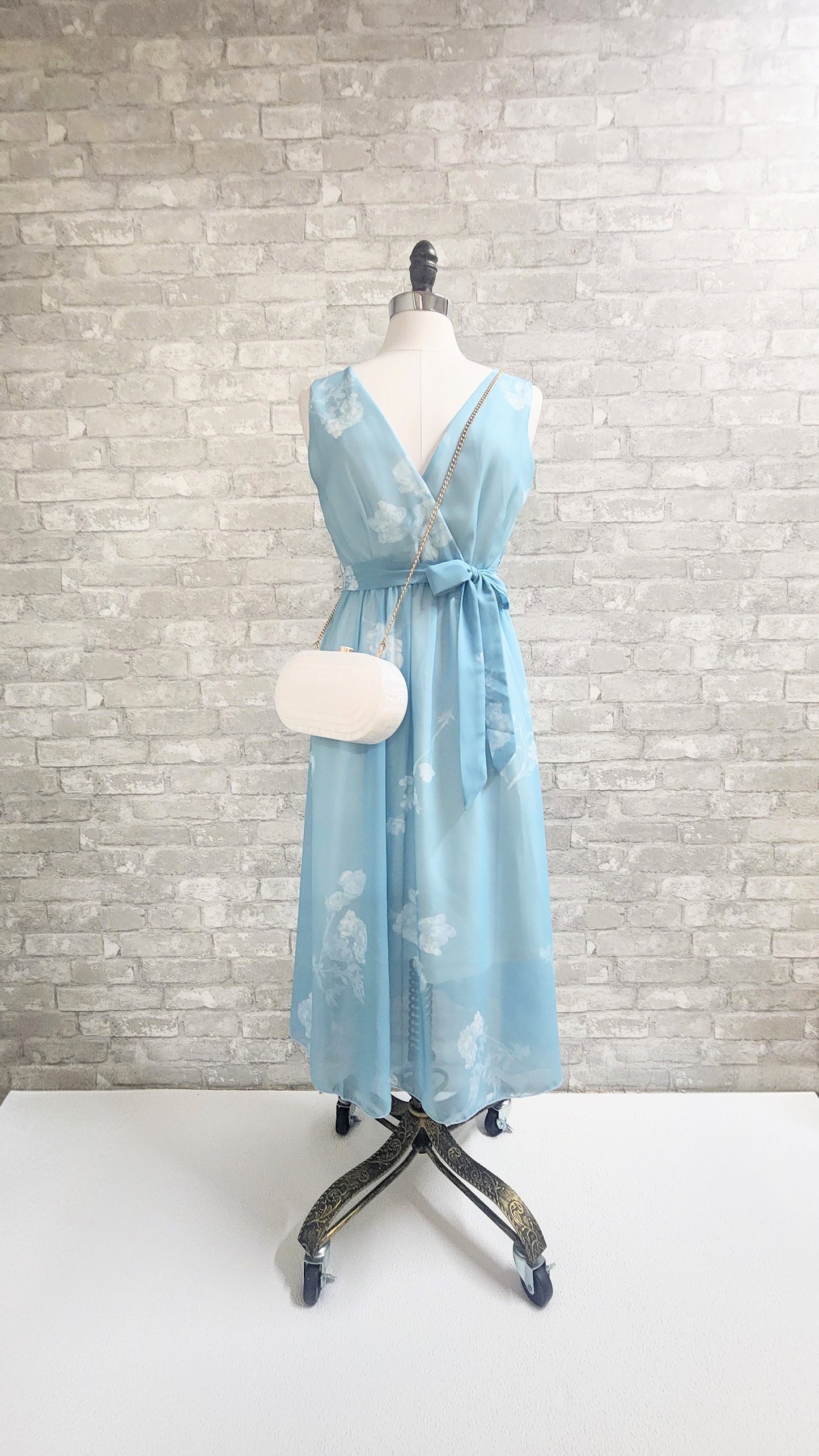 Vintage-Inspired Floral Wrap Dress in Dusty Blue