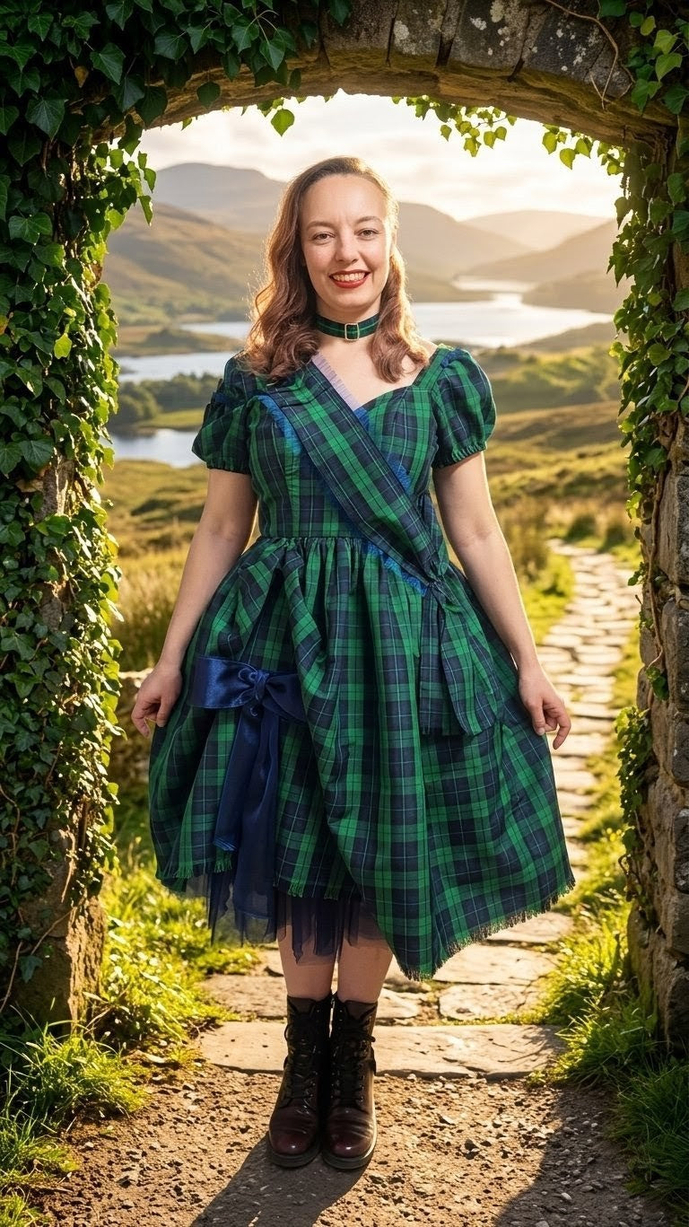 Woman in a 1950's vintage inspired Scottish green tartan dress standing under a stone archway with a scenic background.