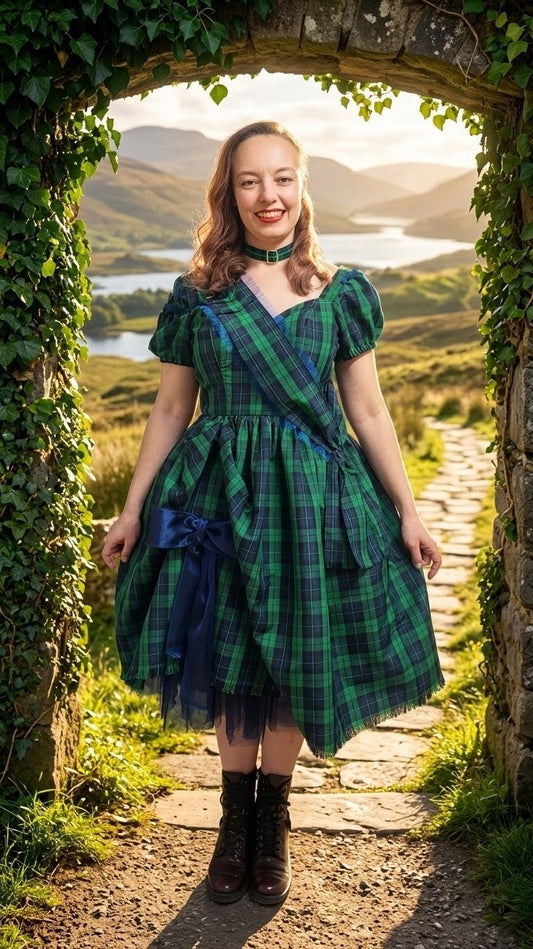 Woman in a 1950's vintage inspired Scottish green tartan dress standing under a stone archway with a scenic background.