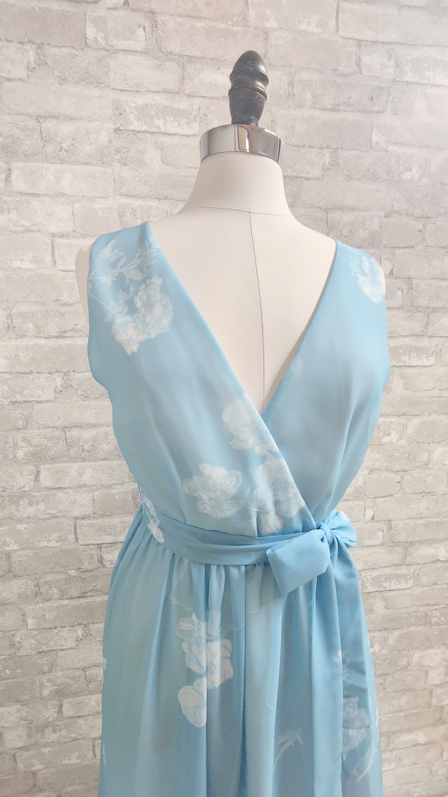 Vintage-Inspired Floral Wrap Dress in Dusty Blue
