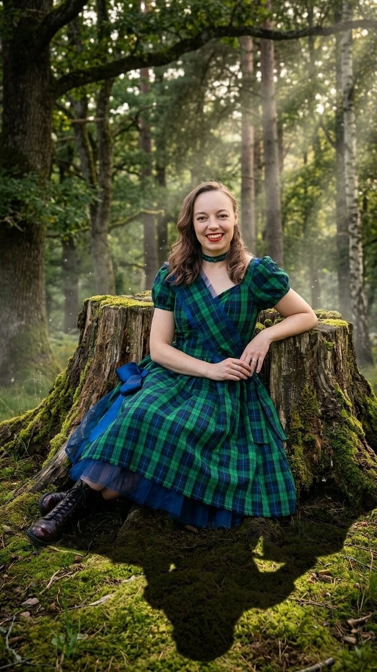 Woman in a 1950's vintage inspired Scottish green and blue tartan dress sitting on a tree stump in a forest.