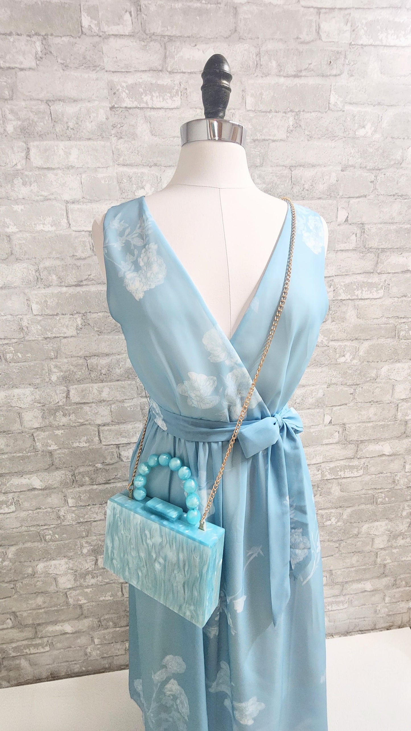 Vintage-Inspired Floral Wrap Dress in Dusty Blue