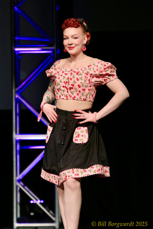 Pinup rockabilly retro cherry print peasant top and matching skirt by Hollyville. 