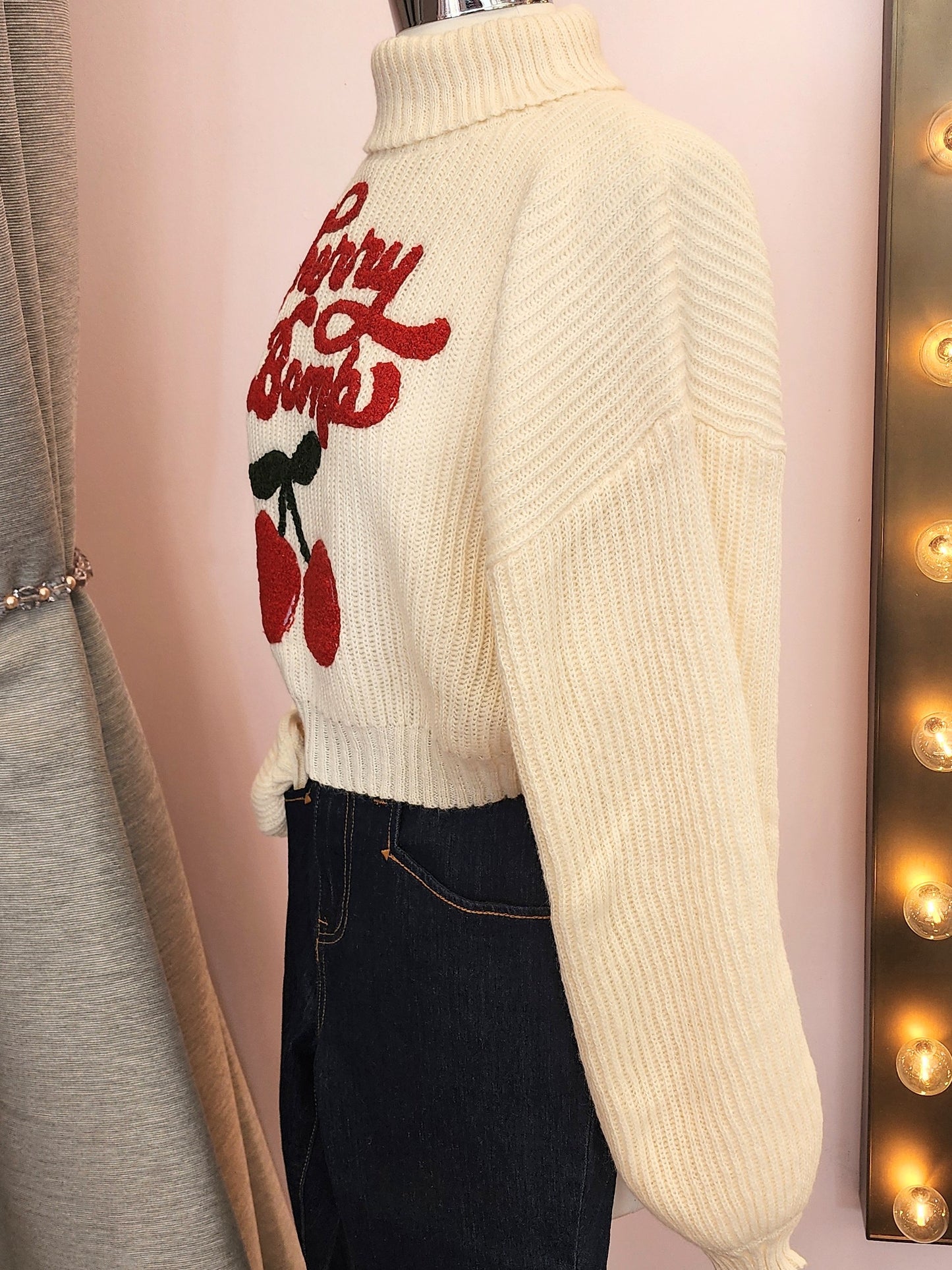 Cherry Chenille Embroidered Turtleneck Cropped Sweater
