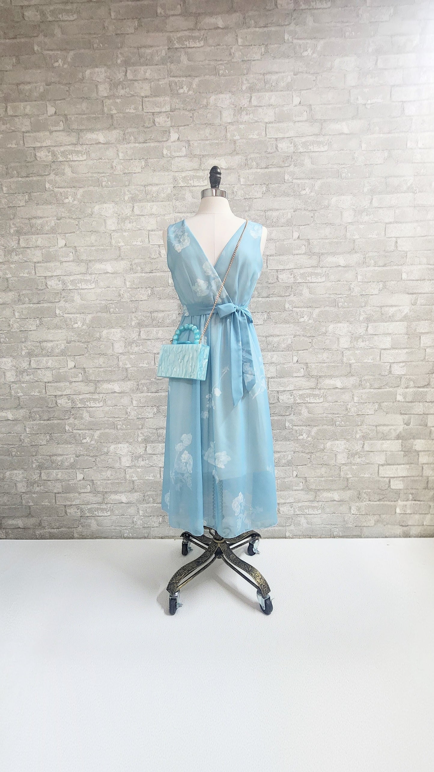 Vintage-Inspired Floral Wrap Dress in Dusty Blue