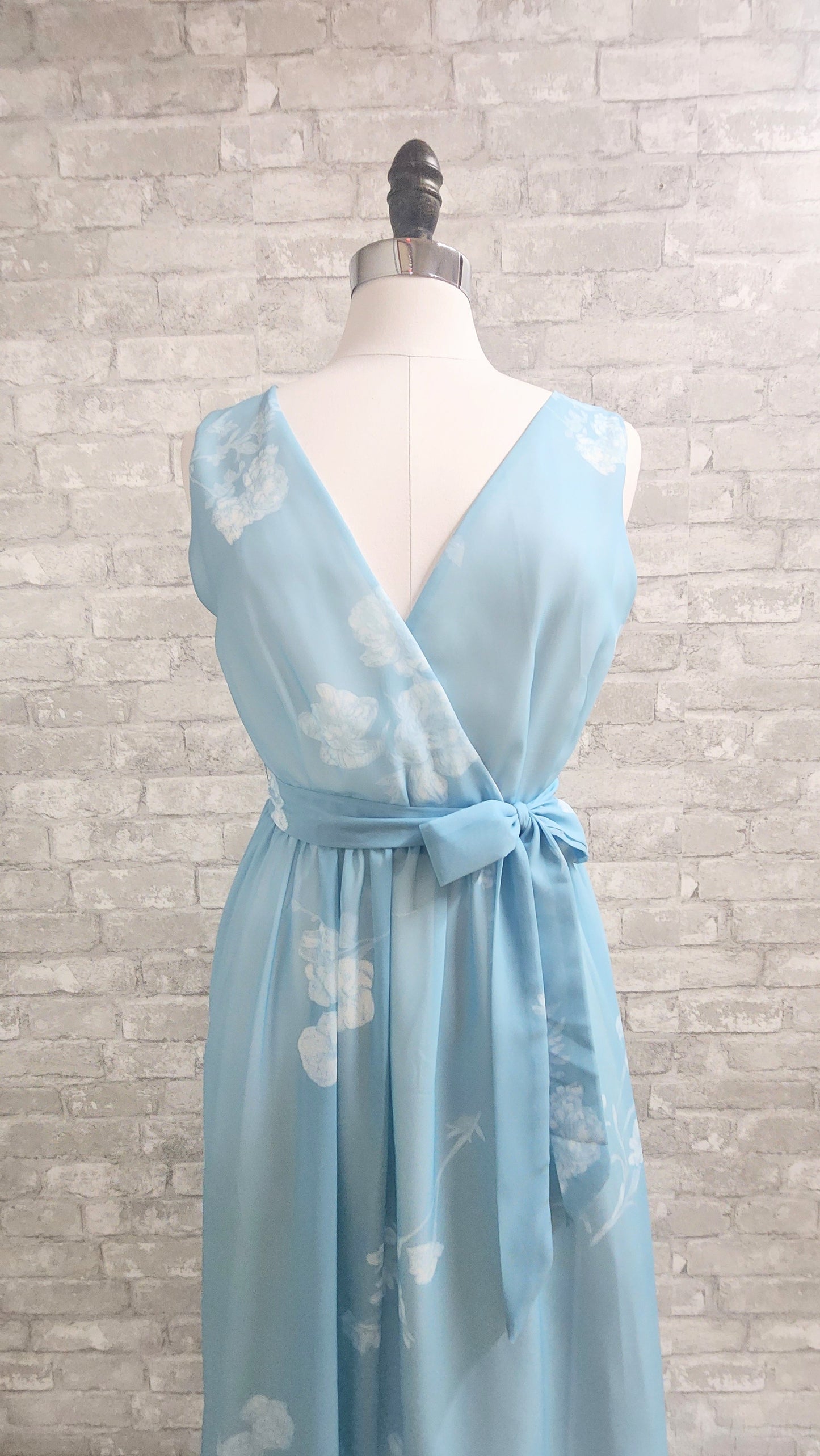 Vintage-Inspired Floral Wrap Dress in Dusty Blue