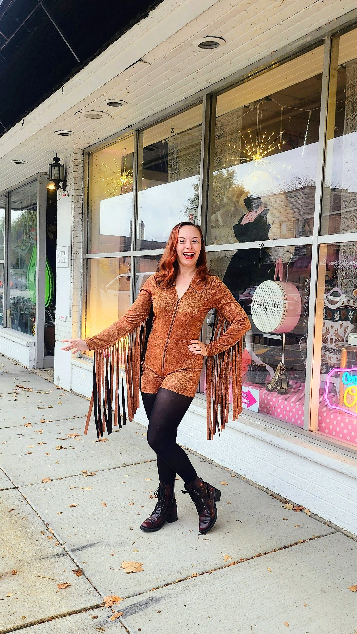 Glitter Fringe Romper in Golden Orange