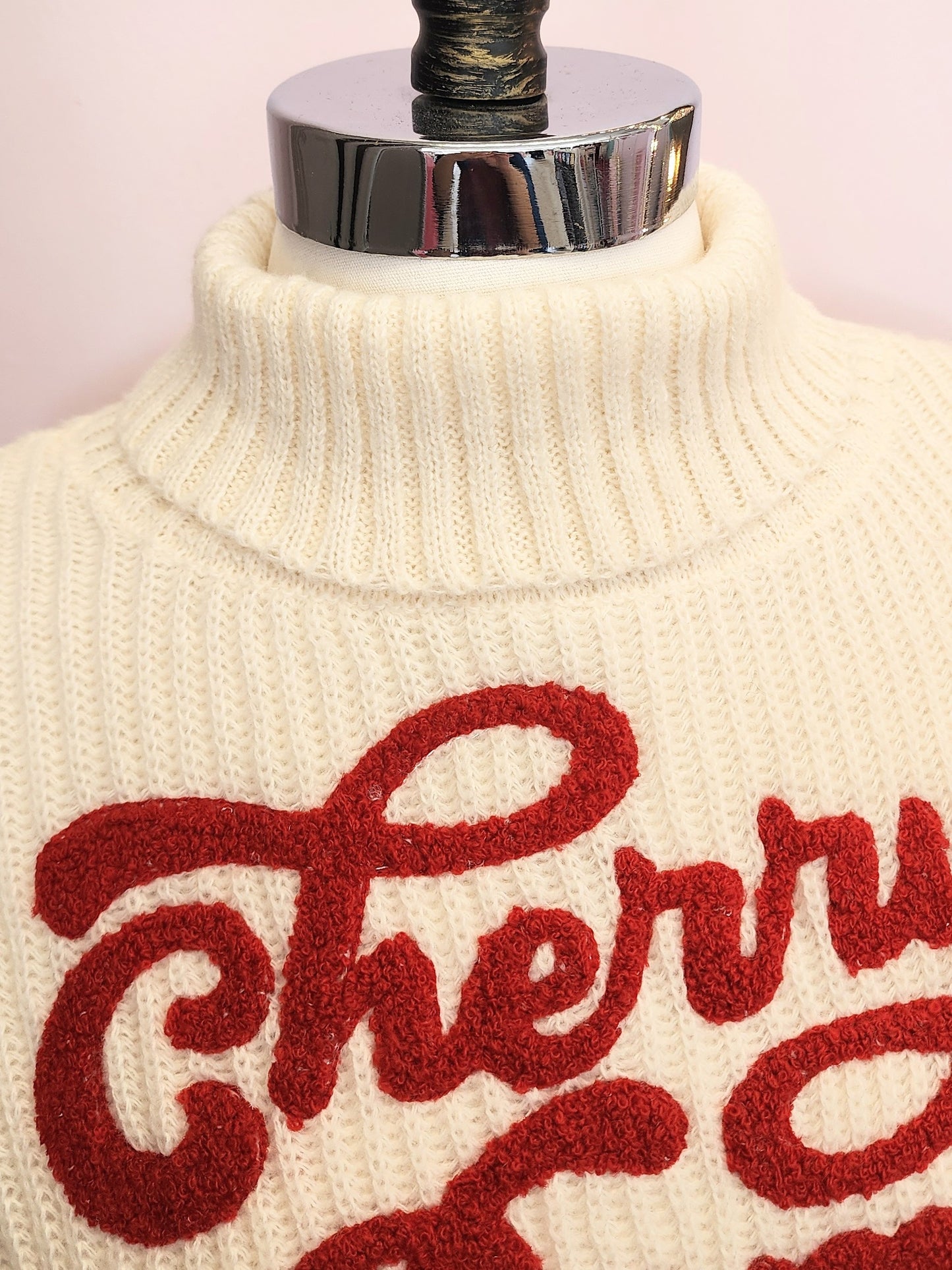 Cherry Chenille Embroidered Turtleneck Cropped Sweater
