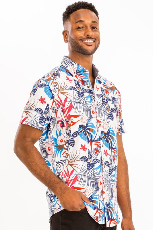 White and Blue Hawaiian Print Shirt