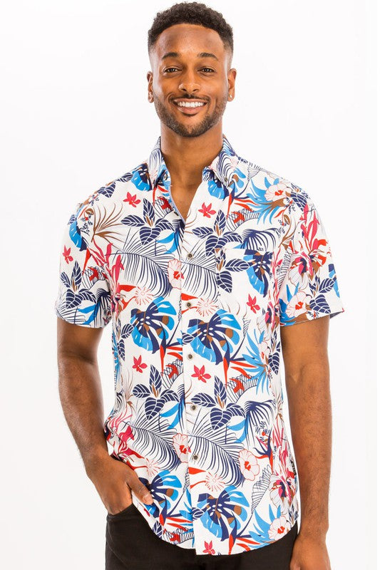 White and Blue Hawaiian Print Shirt