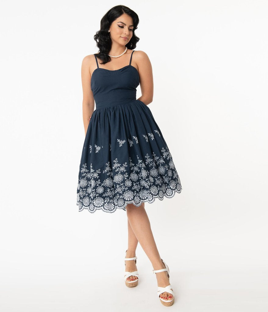 Navy & White Eyelet Border Darcy Swing Dress by Unique Vintage