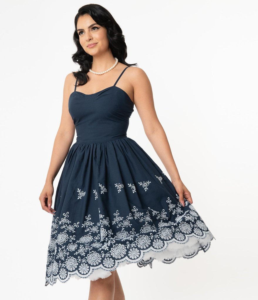 Navy and White Eyelet Border Darcy Swing Dress by Unique Vintage