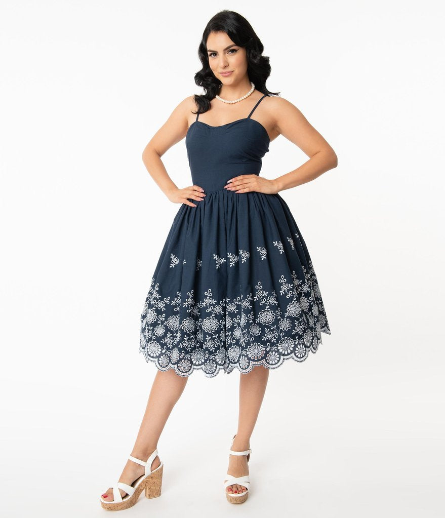 Navy & White Eyelet Border Darcy Swing Dress by Unique Vintage