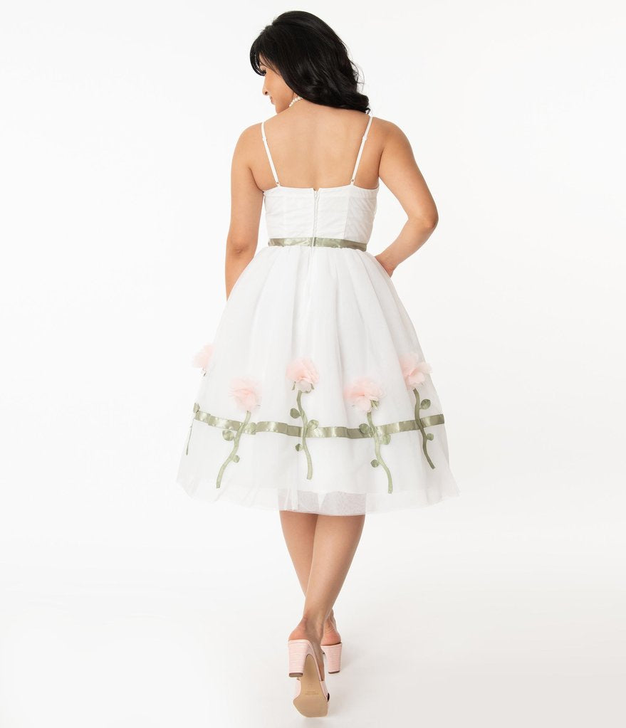 White and Pink Floral Bertie Swing Dress by Unique Vintage